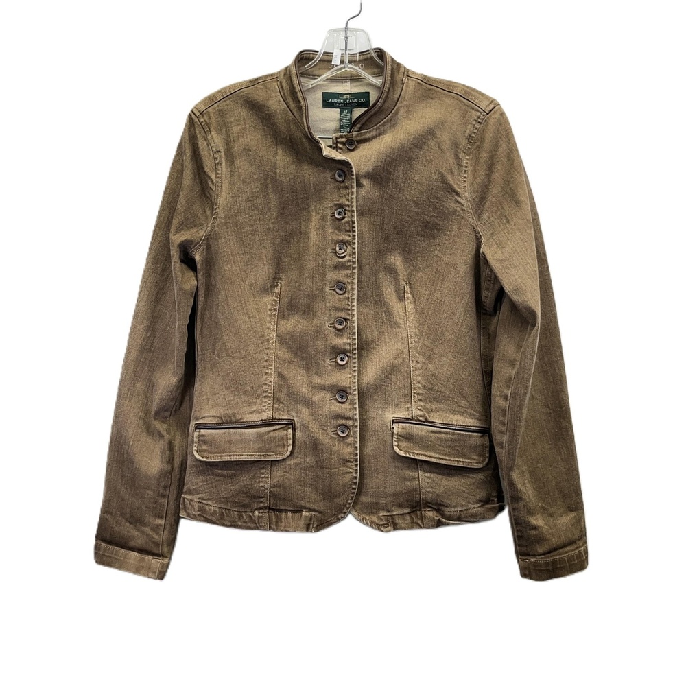 LRL Lauren Jeans Co. Womens‎ Brown Stretch Denim Leather Trim Jacket Sz 12